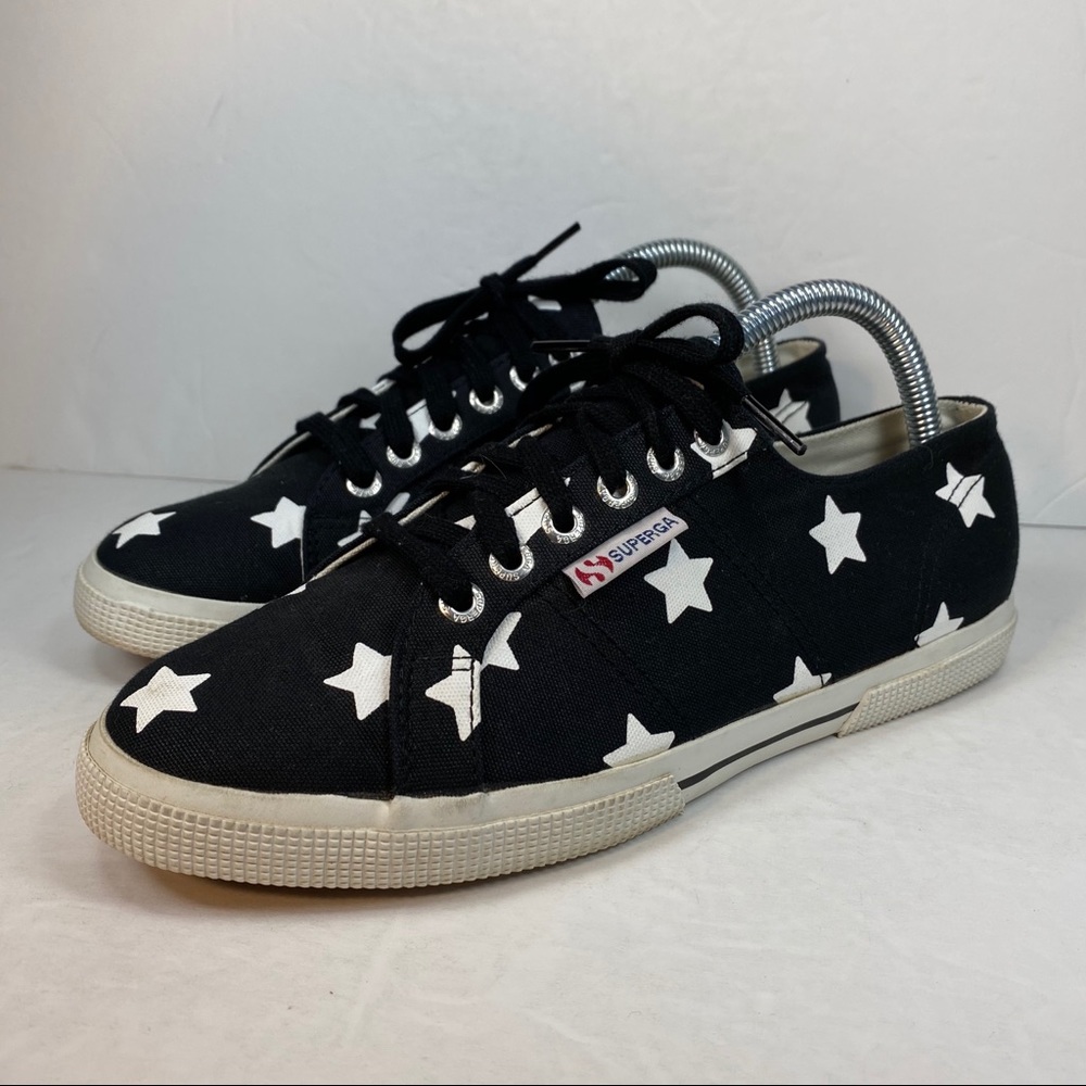 Superga Black Canvas Sneakers Shoes White Stars